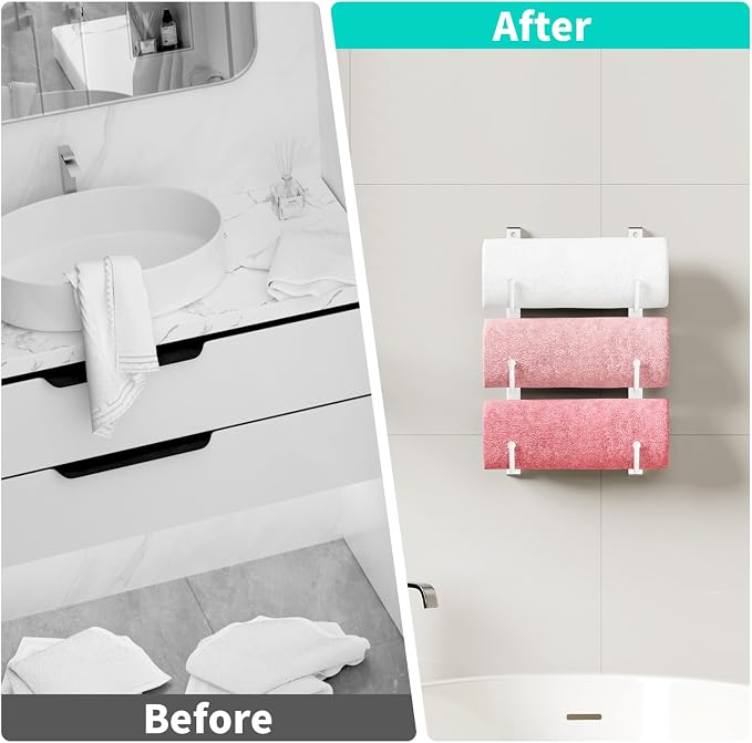 HapiRm Rolled Towel Racks for Bathroom - 3-Tier Over The Door & Wall Mounted Bathroom Towel Storage, Hanging Metal Organizer for Towels & Bath Sheets, Space Saving Rack for Bathroom, Camper, RV, White