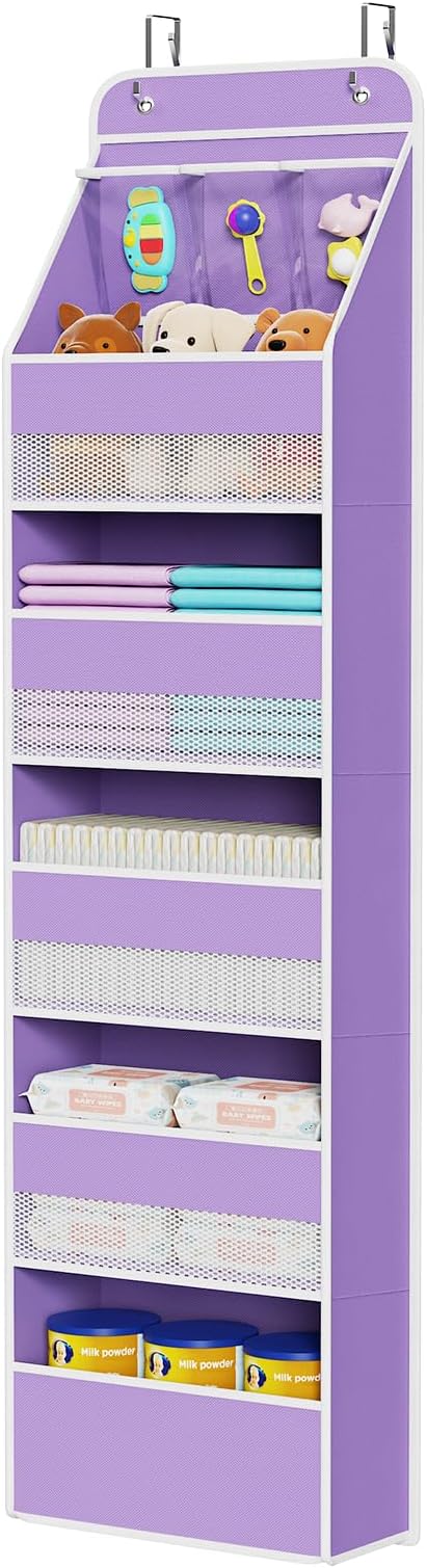 Univivi Fabric Over the Door Organizer for Baby Nursery, Purple, 6-Shelf | Door Storage with Large Capacity Breathable Mesh Pockets, Over Door Hanging Organizer for Baby Essential, Bedroom, and Dorm