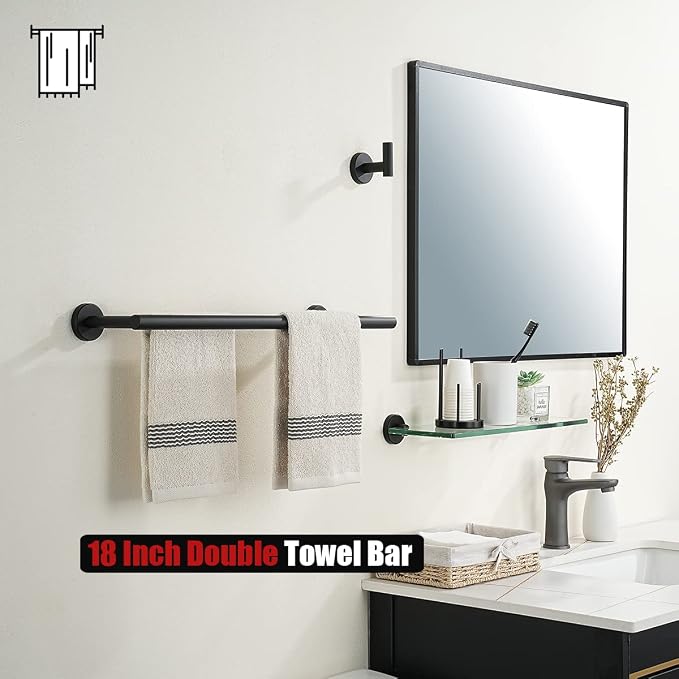 JQK Black Double Towel Bar, 19 Inch 304 Stainless Steel Thicken 0.8mm Towel Rack Bathroom, Towel Holder Matte Black Wall Mount, Useable Length 16 Inch, TB100L16-PB