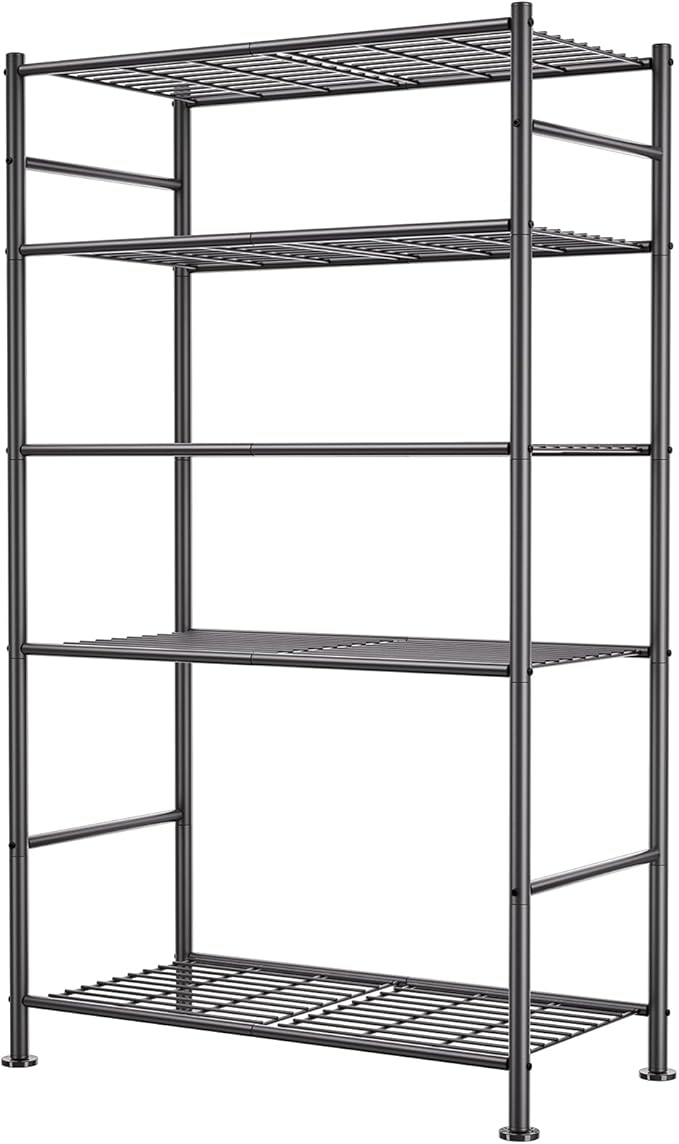 BolDuck 5 Tier Shelf Organizer Rack, Metal Shelving Unit with Adjustable Leveling Feet, Space-Saving Storage Shelves for Garage Closet Laundry Bathroom Kitchen Pantry, 33.07”Wx12.6”Dx72.04”H,Black