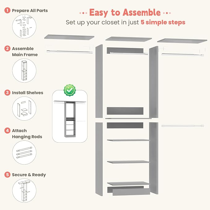 48" Small Closet System, Space-Saving Wall-Mounted Wardrobe Organizer, Mini Garment Rack for Narrow Spaces, Morning Outfit Prep Station & Nursery Dress-up Storage,Grey