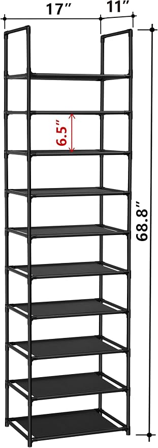 FIDUCIAL HOME 10 Tiers Shoe Rack Organizer 20 Pairs Tall Shoe Shelf | Tall Narrow Space Saving for Closet Entryway Dorm, Easy to Assemble, 17"L x 11"W x 68.8"H, Black