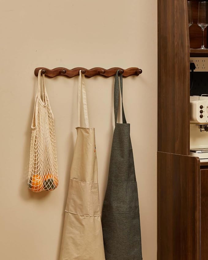 Wood Coat Rack Wall Mount - Walnut Coats Hook Hanger Wall-Mounted, Wave-Shaped Entryway Hanging Racks with 6 Hooks for Jacket Keys Hats Robes Towels Bags, Living Room Mudroom Bathroom Bedroom Hallway
