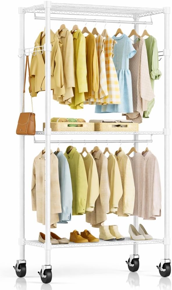 Simple Deluxe Rolling Clothes Rack, Heavy Duty Clothing Rack, 3-Shelf Portable Adjustable Wardrobe Closet with Wheels, Hanging Rods & Side Hooks, 29.5" W x 15.7" D x 75.6" H, White