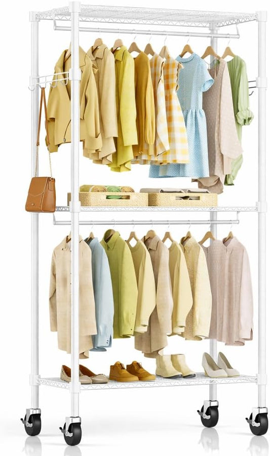 Simple Deluxe Rolling Clothes Rack, Heavy Duty Clothing Rack, 3-Shelf Portable Adjustable Wardrobe Closet with Wheels, Hanging Rods & Side Hooks, 29.5" W x 15.7" D x 75.6" H, White