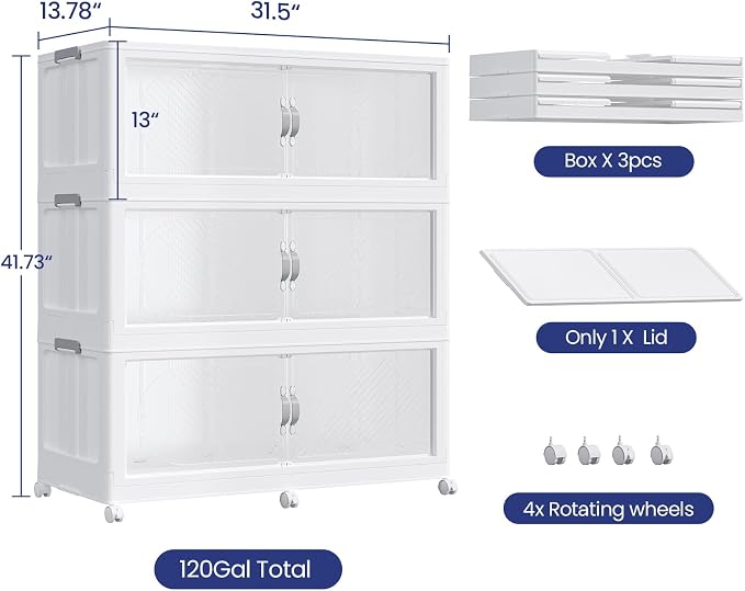 480QT Extra Large Stackable Storage Bins with Lid, 120Gal Plastic Closet Organizers and Storage Drawer, Collapsible Cabinet Box with Wheels Clear Doors for Home Kitchen Office, 3Pack White