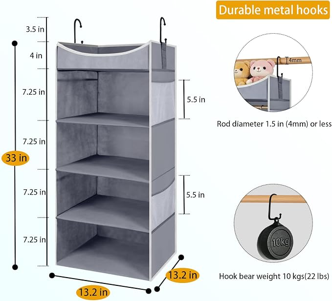 4-Shelf Hanging Closet Organizer and Storage with 4 Side Pockets, Collapsible Closet Hanging Shelves for Storage, Grey
