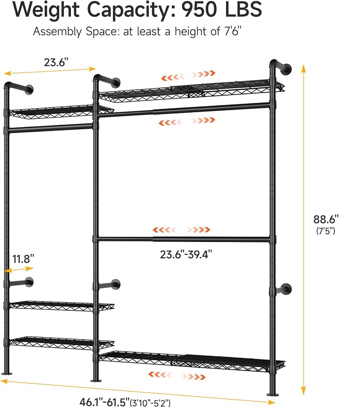 H2 Plus Expandable Wall Mounted Closet System, 3.8FT-5.1FT Closet Organizer with Telescopic Shelves & Adjustable Rods, Industrial Pipe Clothing Rack for Walk-in & Reach-in Closet (Black)