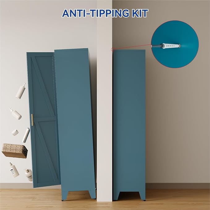 COFaR 71'' Tall Metal Storage Cabinet, Farmhouse Kitchen Pantry Cabinet with Doors and 4 Adjustable Shelves, Metal Pantry Storage Cabinets for Kitchen, Laundry, Peacock Blue 5-Tier