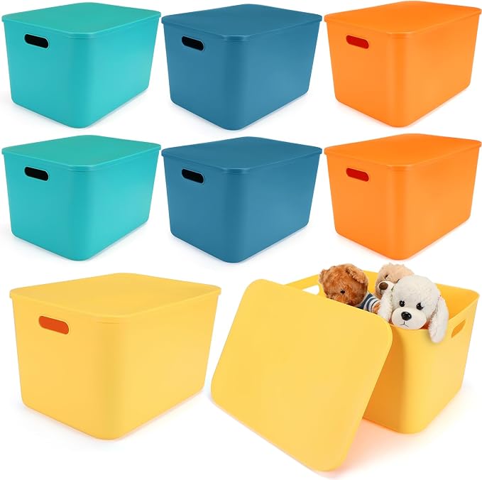 8 Pieces Colorful Storage Bins with Lid, Plastic Storage Basket Organizing Container Stackable Box with Handle for Shelves Desktop Playroom Office(16.1 x 12.0 x 9.7 Inch,Multi-colored)