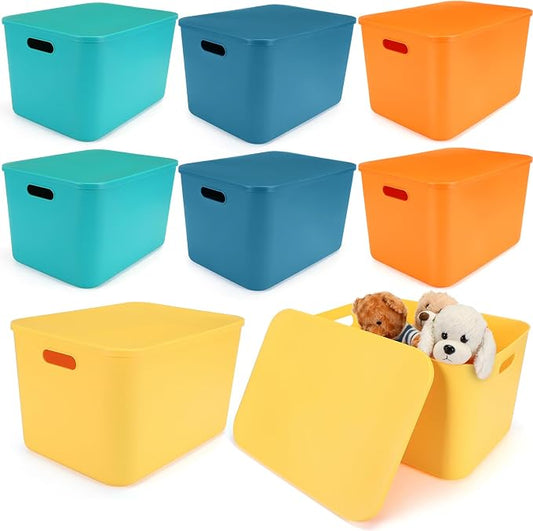 8 Pieces Colorful Storage Bins with Lid, Plastic Storage Basket Organizing Container Stackable Box with Handle for Shelves Desktop Playroom Office(16.1 x 12.0 x 9.7 Inch,Multi-colored)