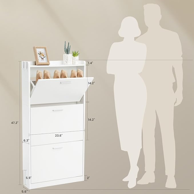 Slim Shoe Cabinet with 3 Flip Drawers,Narrow Shoe Rack 23.6" W White | Freestanding shoe storage cabinet for entryway,foyer and hallway,slim design and space-saving flip drawers