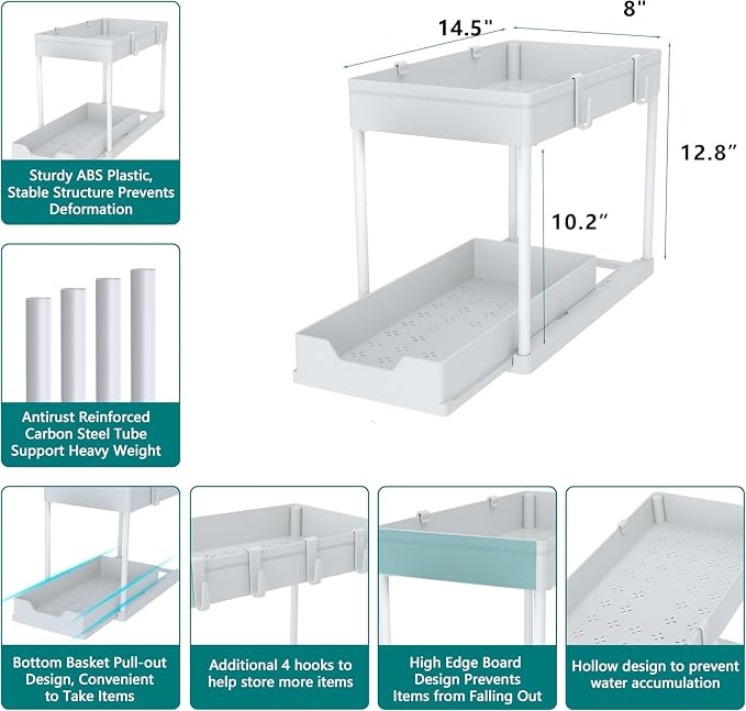 Under Sink Organizer 2 Pack,2 Tier Slide Out Storage for Kitchen Bathroom | Multi-purpose Under Cabinet Storage Rack Fit Kitchen Sink, Bathroom Vanity, Easy Assembly
