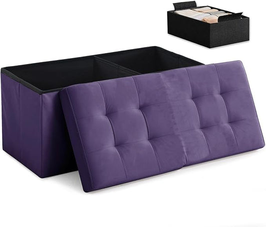 HAUSFRAU Ottoman with Storage Bench Folding Foot Rest Stool Velvet Purple | 31.5", Flip Lid, Small Upholstered Foldable Footrest Footstool, Bedroom Bench, Living Room Dorm Ottoman, Rectangle