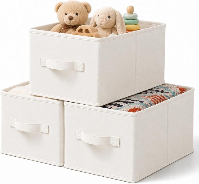 LayerSpace 3 Pack Fabric Storage Bins for Shelves | 16.25x12x10in Closet | Collapsible Bins for Organization | Linen Clothes Storage Bins | White & Ivory | Thickened Rigid PP Panels, Cotton-linen Shelf Baskets, Measure 16.25"L x 12"W x 10"H for Clothes...