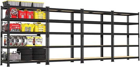 PrimeZone 5-Tier Garage Storage Shelves, Adjustable Metal Shelving, Black | 35.5" x 12" x 72", Heavy-Duty Metal Frame & Connectors, FSC MDF Boards, 2000 LBS Storage for Garage, Pantry & Closet, 4 PCS