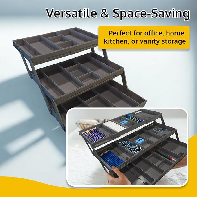 3 Tier Drawer Organizer, Multi Level Smart Drawer Organizer for Desk, Expandable Organizer for Office, Makeup, Jewelry, Kitchen, Folding Storage for Home and Office Drawers & Craft Organizer - Gray