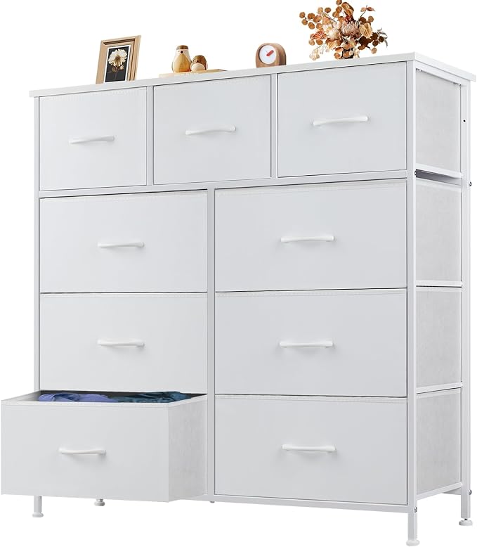 OLIXIS 9 Drawer Dresser for Bedroom, Closet Organizers and Storage, White | Tall Fabric Dresser with Wooden Top, Chest of Drawers for Clothes Storage, Tower Cabinet, Bedroom Furniture, TV Stand