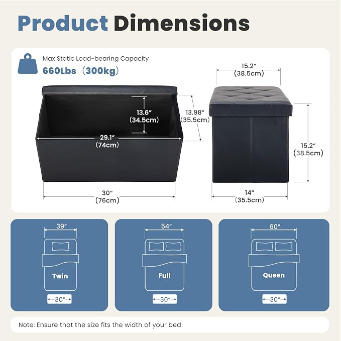 DUMOS 30 Inch Folding Ottoman with Storage Bench, Foot Rest Stool Ottoman | Upholstered End of Bed Storage Bench, Storage Ottoman Loads 660 Lbs for Bedroom, Living Room, Synthetic Leather, Black