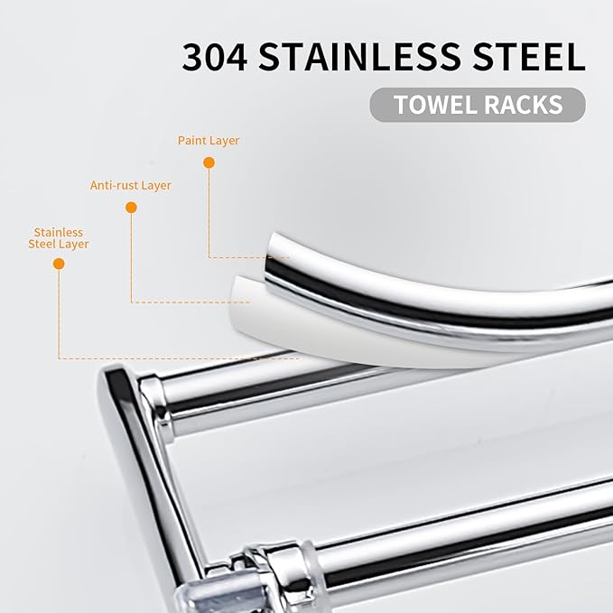 24 Inch Polished Chrome Towel Racks, Bathroom Towel Shelf with Foldable Towel Bar Holder and Towel Hooks, Wall Mounted Multifunctional Bathroom Accessories, Double Towel Bars