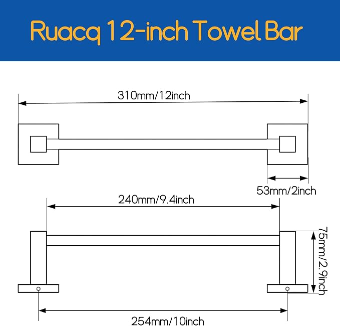 RUACQ Towel Bar 10" Towel Racks for Bathroom Wall Mounted, Matte Black | Hand Towel Holder, Total Length 12 Inch Single Towel Rod, 304 Stainless Steel, Rustproof, Square Base, Heavy Duty, Modern