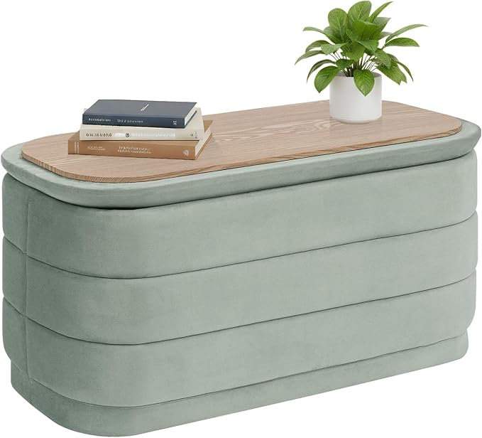 B FSOBEIIALEO Velvet Storage Ottoman with Tray, Folding Ottoman with Storage Coffee Table Shoes Bench for Dorm Room, Living Room Sage, 30"x15"x15"