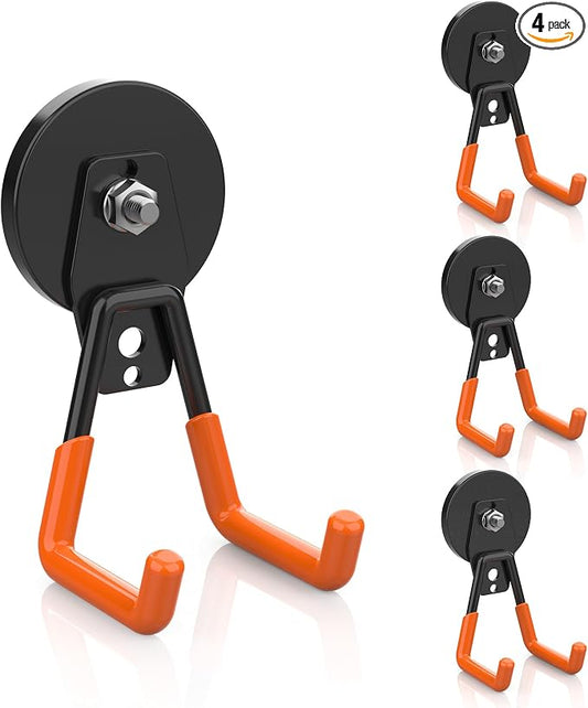 Extra Large Heavy Duty Magnetic Hooks, Large Strong Magnet Hooks, Industrial Magnetic Hooks with Anti-Slip Coating, Magnetic Utility Hooks for Garage, Garden Tools Organization (4Pcs Orange)