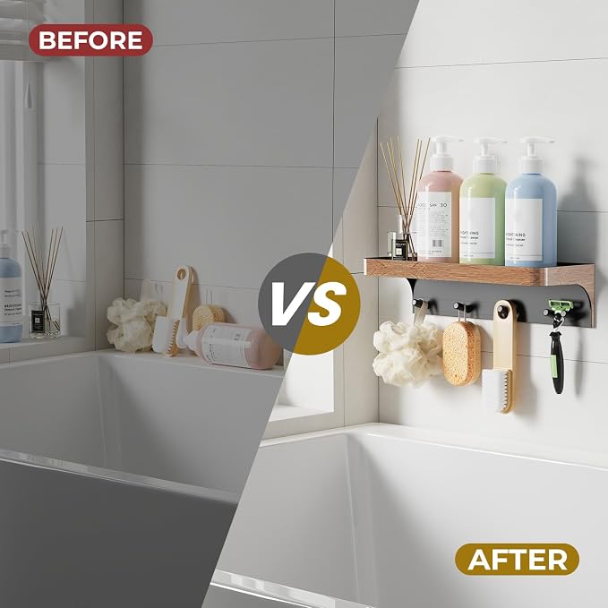 Shower Caddy Adhesive with 5 Hooks & Drainage, No-Drill, Wood | Plastic Wall Bathroom Shelf Rack Organizer, Inside Shower Storage Holder for Bath Accessories, Bathroom Shelves Wood-Look