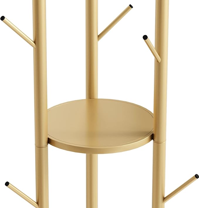 DOORXIFO Metal Gold Coat Racks Freestanding, Coat Hanger Stand, Hall Tree Rack for Hanging Hats, Scarves, Bags, Modern Coat Rack with Double Shelves, Corner Coat Rack, 9 Hooks, Gold