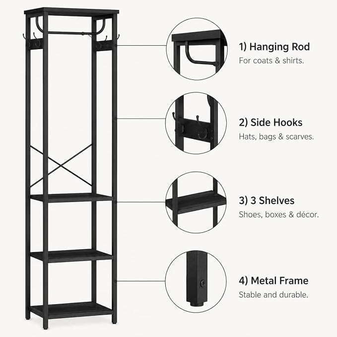 Coat Rack with Hanging Rod, Garment Rack with 3 Wooden Shelves and 4 Hooks, Freestanding Hall Tree, Industrial Clothes Rack Stand Organizer, Black