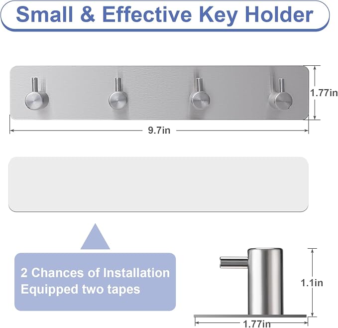 Key Holder with 4 Hooks,Adhesive Key Hanger Organizer for Wall Mount | Metal Key Rack with 2 Self-Adhesive Tapes for Entryway, Door, Bathroom, Kitchen(Silver)
