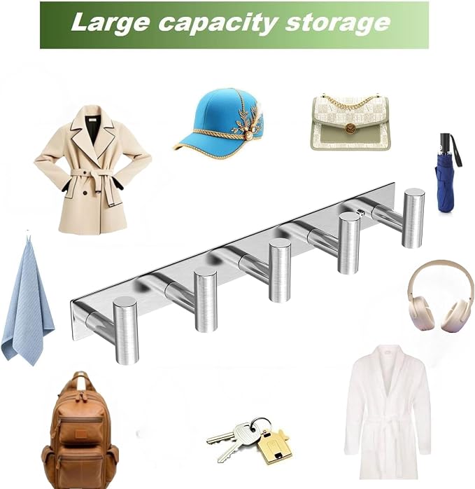 Wall Mounted Coat Rack-5 Hooks, Heavy Duty Stainless Steel Wall Hooks for Towel Coat Bag, Hat Rack Coat Hanger Coat Hooks Towel Racks for Bathroom Entryway Kitchen Hotel (Silvery, 1 Pack)