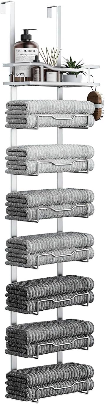 Aetyord Hanging Towel Racks for Bathroom Storage | 8-Tier Over The Door Bath Towel Storage Organizer with Metal Shelf Basket for Small Bathrooms RV Camper Silver