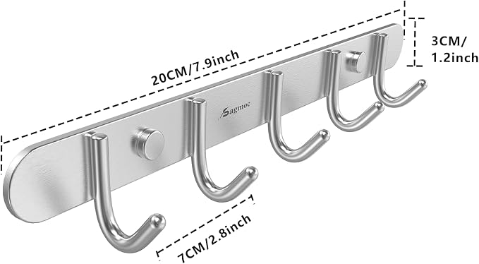 Coat Hook Rail Brushed Nickel 13-inch 5 Hooks Hanger Wall Mounted for Clothes/Key/Towel /304 Stainless Steel/Super Easy Installation/Rust and Water Proof/Perfect Home Storage