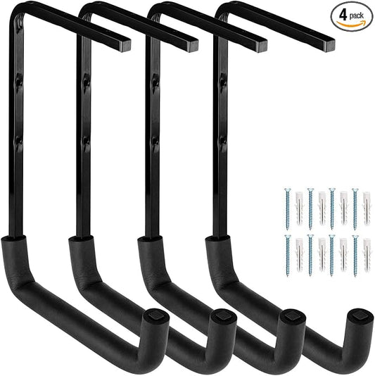 Heavy Duty Garage Storage Hooks, Overhead Garage Storage Rack, 4 Pack Wall Mounted Ladder Hook, Utility Ceiling Hangers & Organizer for Wood,Tools, Bicycle (10 x 14 Inch)
