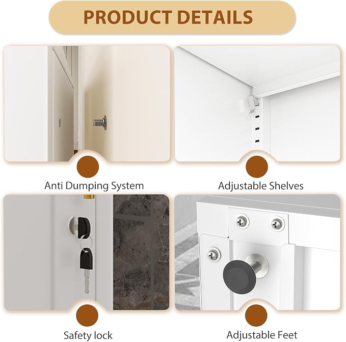 Tall Metal Narrow Bathroom Storage Locker Cabinet 67" H, Tall White Pantry Cabinets with 5 Adjustable Shelves and Lockable Doors for Kitchen, Home Office, Living Room, Dining Room