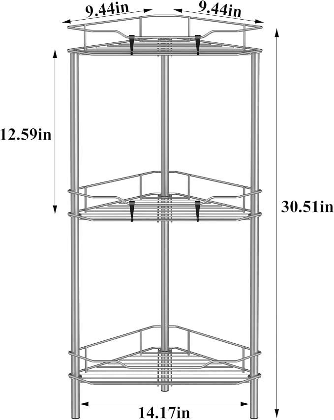 HuggieGems 3 Tier Floor Standing Corner Shower Caddy Organizer Shelf with Hooks, Bathroom Shelves Stand Rack, Gray