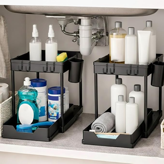 Undersink Organizer, 2-Tier Under Sink Storage Rack with Sliding Drawers for Kitchen Bathroom Cabinets, Pull Out Organizer for Pantry, Laundry Room & Closet Organization - 2 Pack, Black