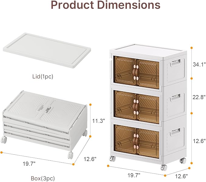 UAMFURI Stackable Storage Bins with Lids, 288QT Lockable Storage Cabinet | Folding Storage Box with Doors and Wheels, Collapsible Plastic Drawers for Home, Garage, Office