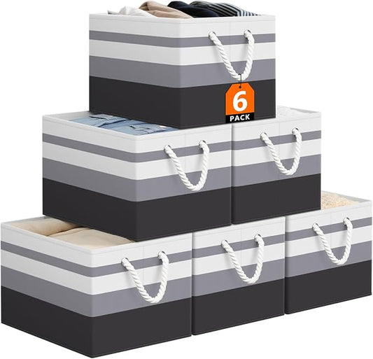 StorageTastic Storage Bin,Collapsible Storage Basket For Organizing,Large | Storage Boxes With Rope Handles,Storage Containers,Gradient Grey,6 Pack