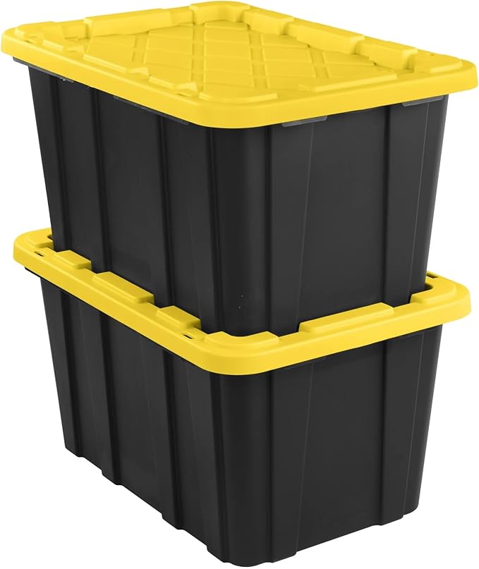 6-Pack 27-Gallon Industrial Totes - Rugged Black & Yellow Plastic Storage Bins with Secure Snap-On Lids, Stackable Design for Garage, Warehouse or Workshop Organization