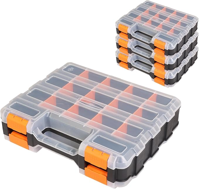 Jack Boss Tool Box with Transparent Lid, Double Side 34-Compartments Organizer Box with Removable Dividers for Hardware, Screws, Bolts, Nails, Beads, Jewelry and Fishing Accessories, Orange, 4 Pack