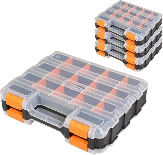 Jack Boss Tool Box with Transparent Lid, Double Side 34-Compartments Organizer Box with Removable Dividers for Hardware, Screws, Bolts, Nails, Beads, Jewelry and Fishing Accessories, Orange, 4 Pack