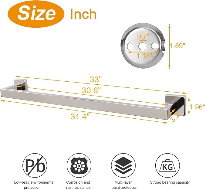 TocTen Bath Towel Rack - Square Base Thicken SUS304 Stainless Steel Towel Bar for Bathroom, Bathroom Accessories Towel Rod Heavy Duty Wall Mounted Towel Holder. (Chrome, 33)