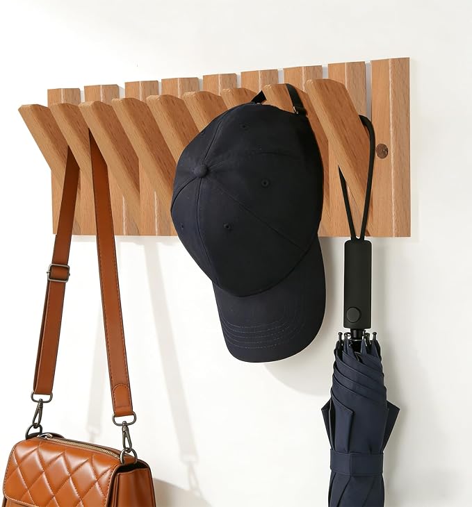 Piano Wall Mounted Coat Rack, Fold-Away Wooden Wall Hooks, 9 Hooks | Solid wood piano-inspired rack with fold-away hooks creates storage art, keeping jackets, bags and towels organized.