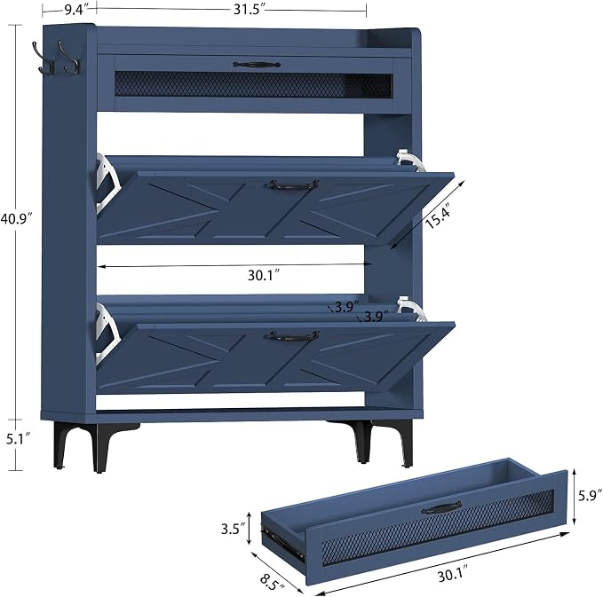 Shoe Cabinet with 2 Flip Drawers & Top Drawer, Farmhouse Narrow Shoe Storage Cabinet with Adjustable Shelves & Hooks, Freestanding Hidden Slim Shoe Rack Cabinet for Entryway, Hallway, Blue