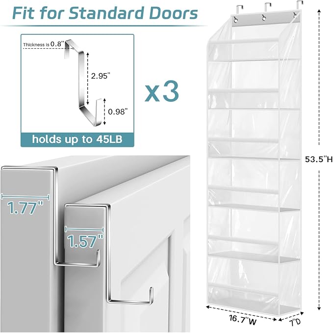 AOODA Clear Over the Door Hat Racks for Baseball Caps, Large Holds up to 72 Caps Hat Storage Organizer for Closet Wall, Deep Pockets Hanging Snapback Holder Shelves with 3 Hooks, White