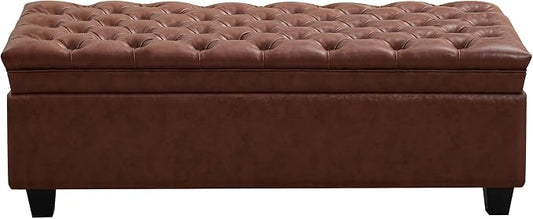 WUTUTUEE 50" Faux Leather Storage Ottoman Bench, Upholstered Rectangle End of Bed Storage Ottoman Tufted Living Room Bedroom Bench with Safety Hinge, Solid Wood Legs, Loads 500 lb(Brown)