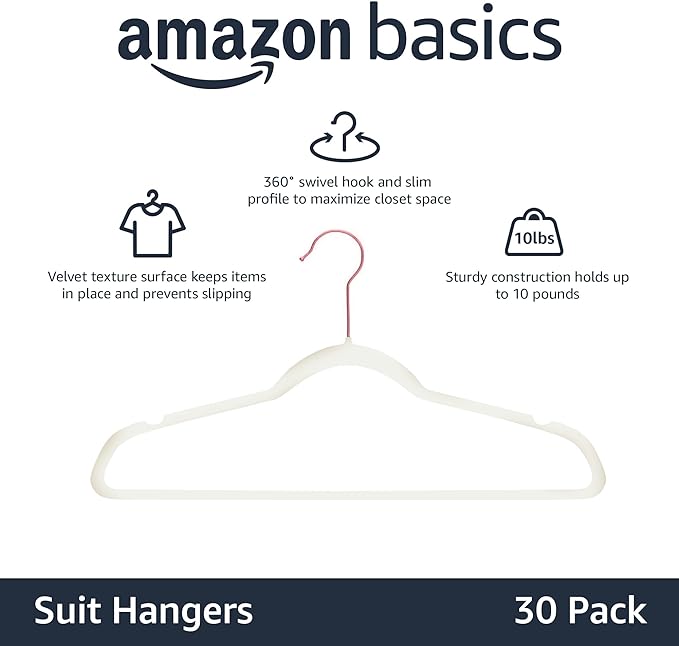 Amazon Basics Slim Velvet Non-Slip Space Saving Suit Clothes Hangers, Closet Organizer, Ivory/Rose Gold, 30-Pack