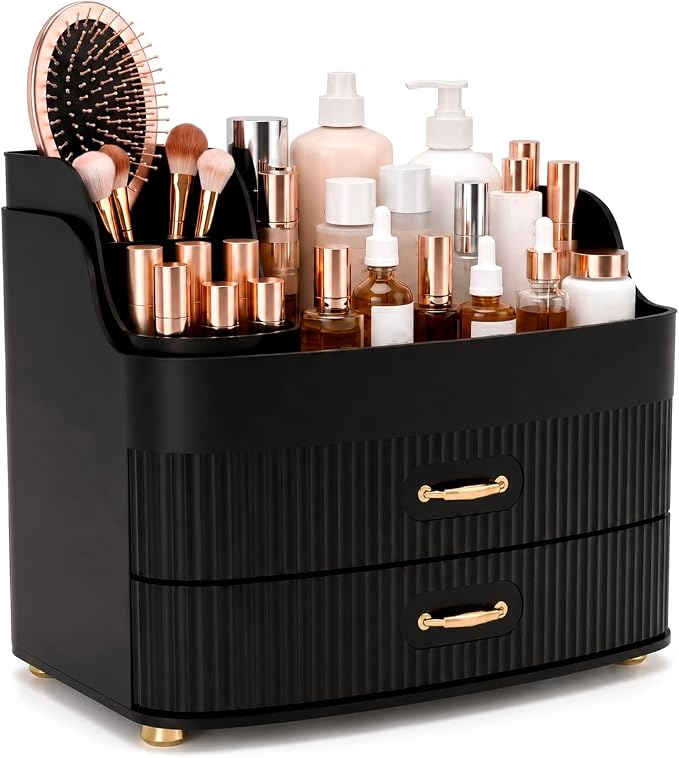 Makeup Organizer for Countertop Vanity Skincare Storage for Perfume Lipstick Bathroom Dresser Desk with Drawers And Brush Holder (Black)
